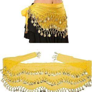 Belly Dance Hip Scarf YELLOW Costume Tassel Gold Coin